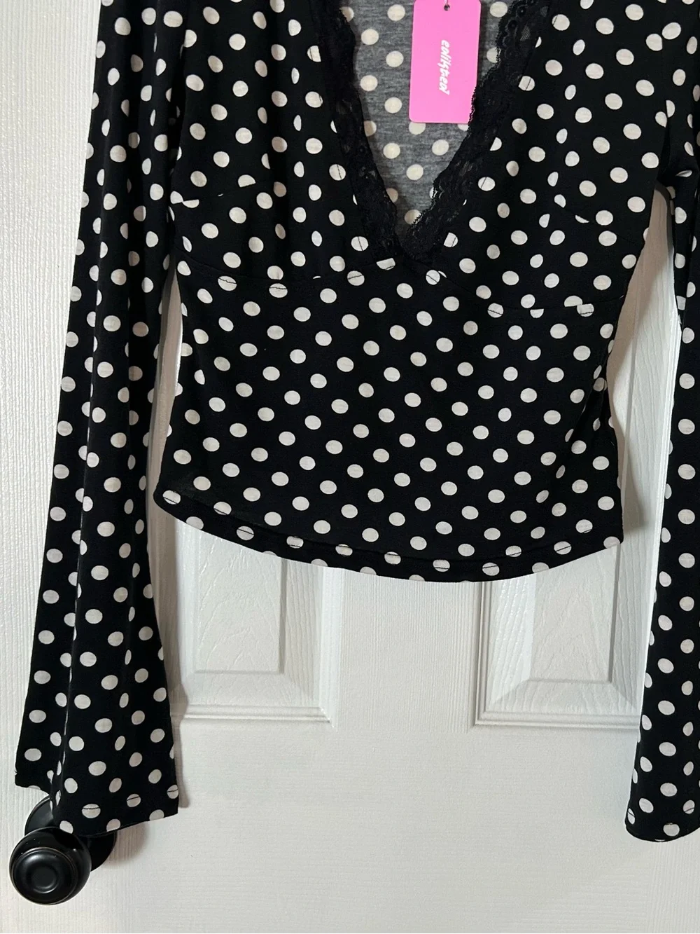 Edikted Black and White Polka Dot Lace-Trim Size M V-Neck Long Sleeve Top - Picture 12 of 15